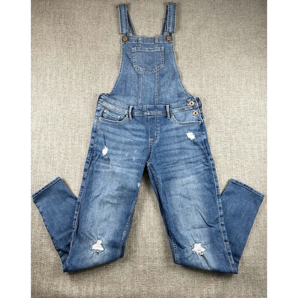 Abercrombie Kids Girls 13/14 Distressed Skinny Denim Overalls Stretch Blue Jeans